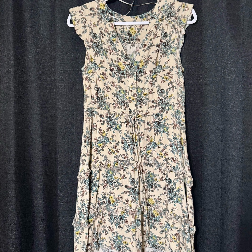 Blue Tan Flutter Sleeve Midi Sundress
